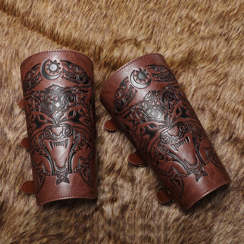 1PC Medieval PU Leather Wrist Guards Viking Warrior Embossed Leather Gauntlets Knight Arm Gloves Retro Gothic Wristbands