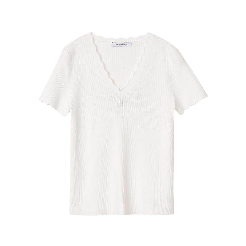 LANCY Women s V-Neck Lace Short Sleeve Knit Top L
