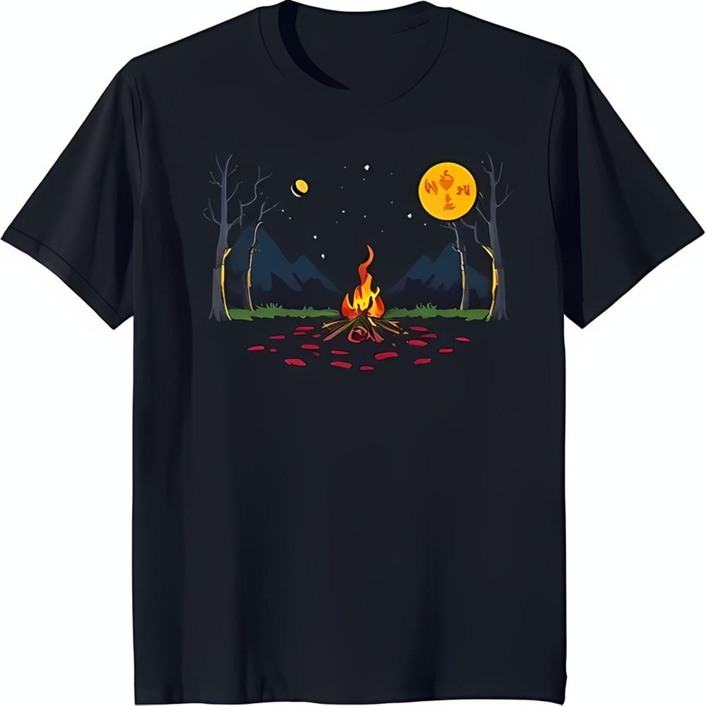 Cozy Campfire Scene Black TShirt With Vibrant Flames Starry Night Sky S