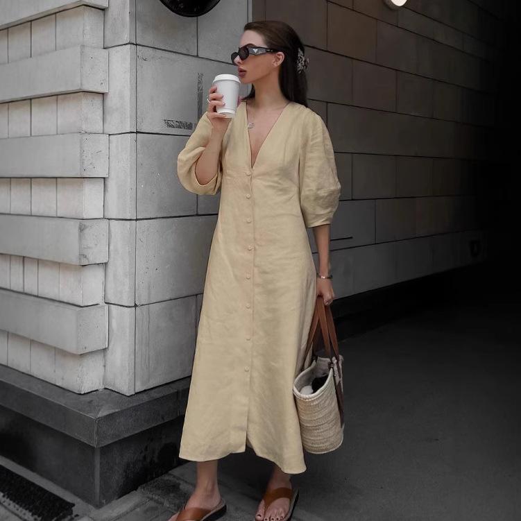 European and American Casual Loose Cotton and Linen Dress Women's Summer Vacation Style Ramie Bubble Sleeve V-neck A-shaped Skirt Beige Long Dress