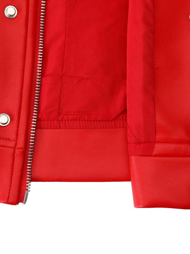 Damen PU-Leder Colorblock Motorradjacke mit gesticktem Abzeichen und Stehkragen