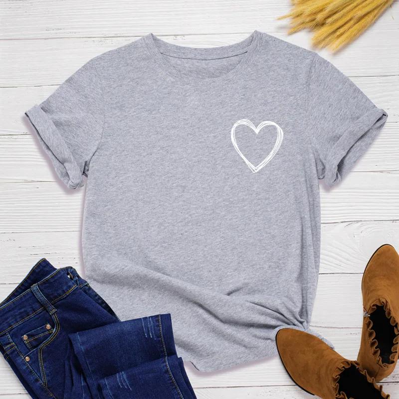 Pocket Heart Print Women T Shirt Short Sleeve O Neck Loose Women Tshirt Ladies Tee Shirt Tops Clothes Camisetas Mujer