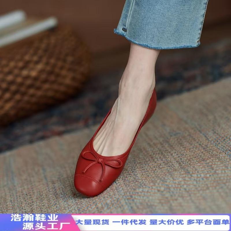 Soft leather single shoes women's spring and summer new round head soft sole Mary Jane flats bow light mouth ballet small red shoes