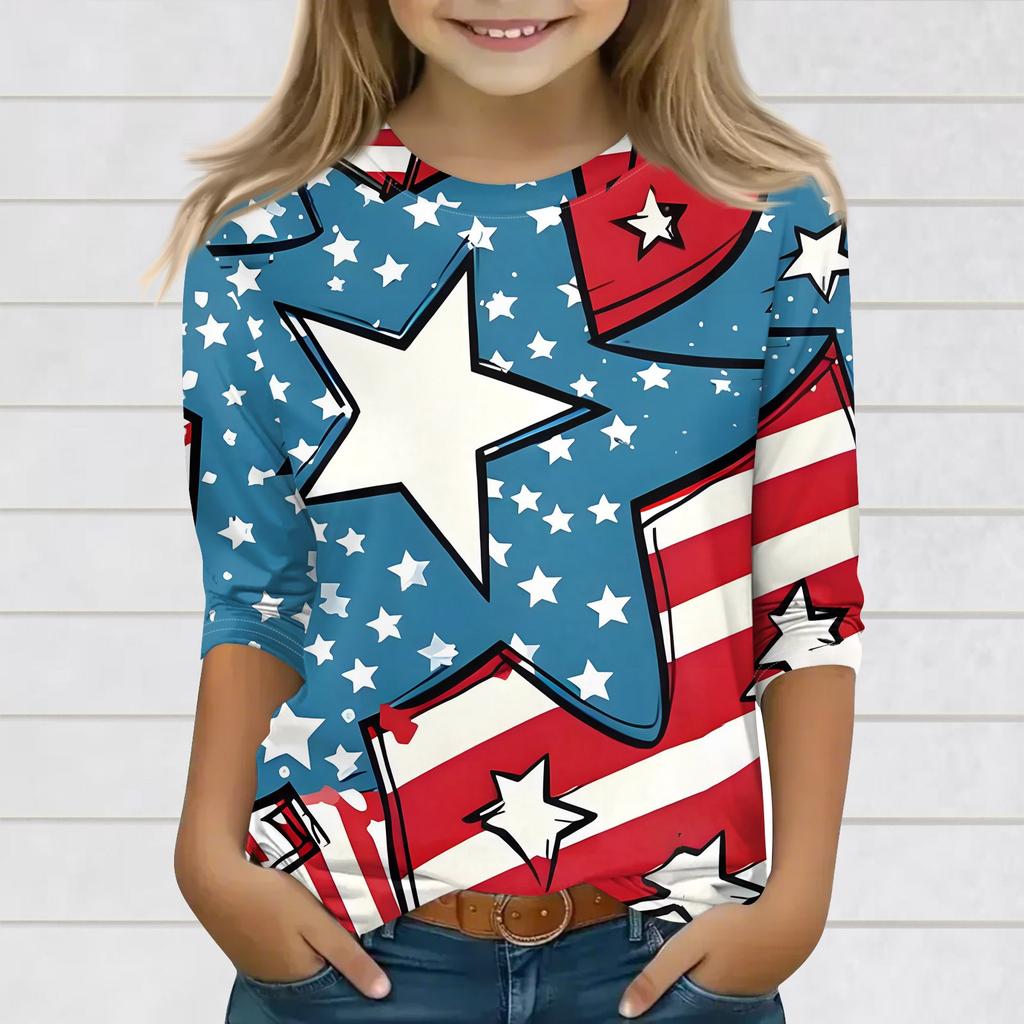 Print Tops For Youth Girls 3-10 Years Round Neck 3/4 Sleeves T-Shirts Trendy Tops Outfit Tees