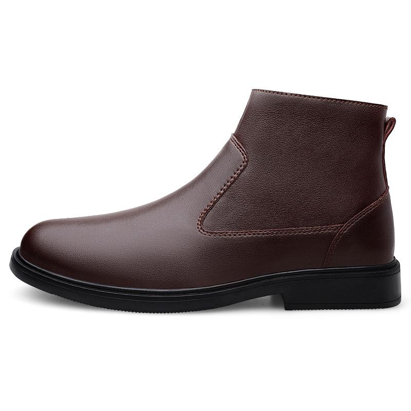 Fashion 2024 Men's Fashionable Leather Boots Autumn and Winter High-top Sleeve Cowhide Side Zipper Large Pile Warm Cotton Boots