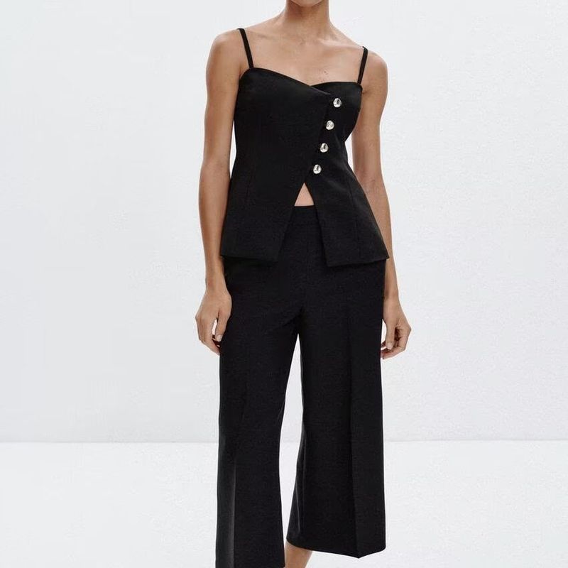 Zbzr Spring New Women Clothes Western Style Elegant Simple Sleeveless Slim Fit Button Sling Top 8324696