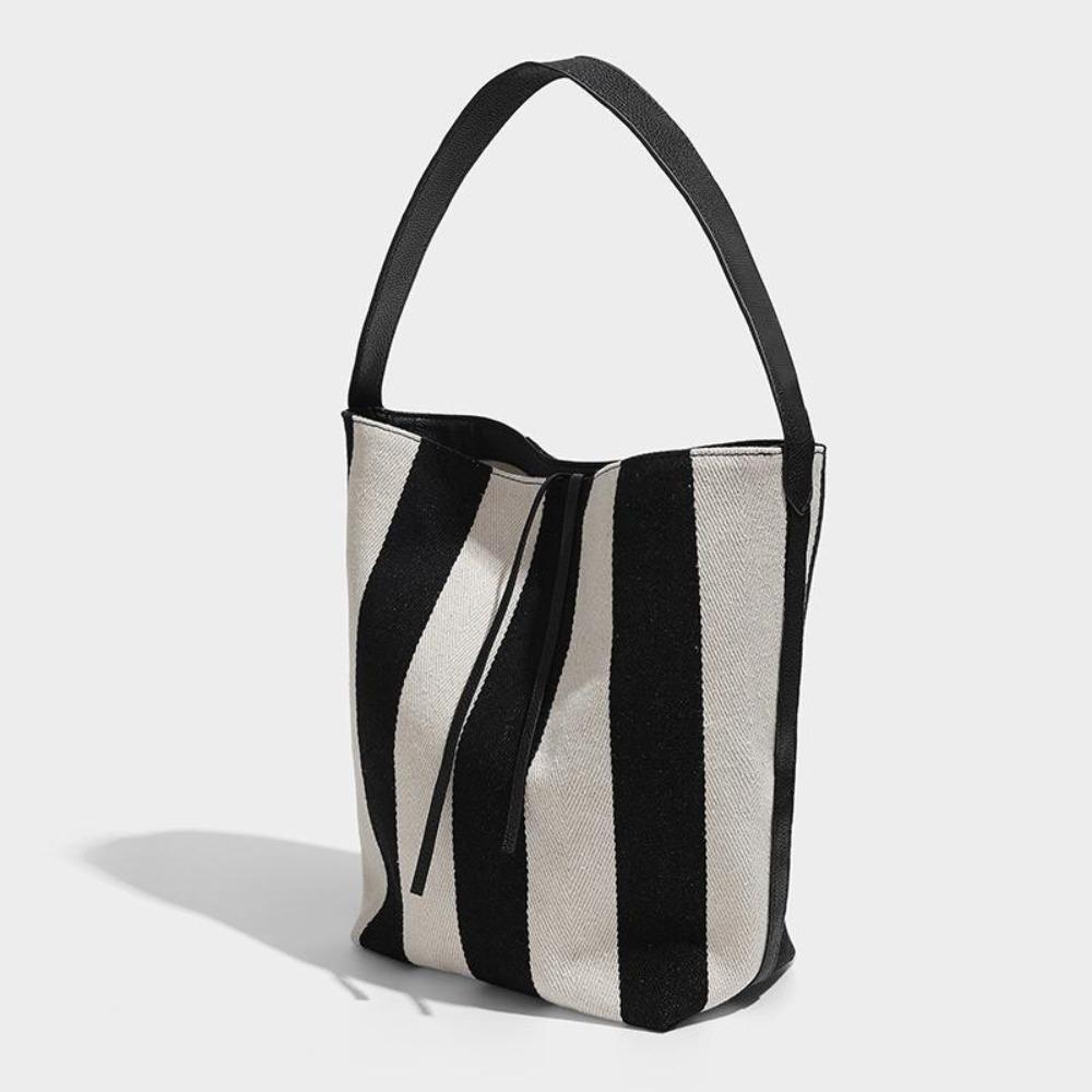 Drawstring Black White Stripe Bag Pattern Wide Straps Bucket Bag Stripe Canvas Handbag Autumn