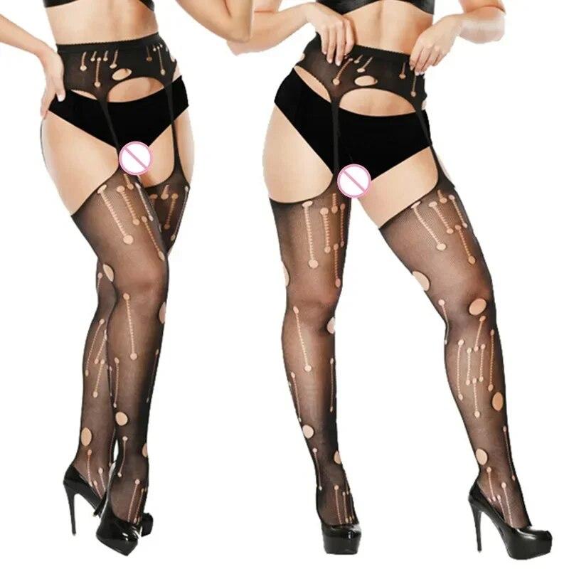 Sexy Plus Size strømpe Eksotiske feststrømper Blonder Sexy erotisk pornoundertøy for kvinner Svarte nettstrømper over knesokker