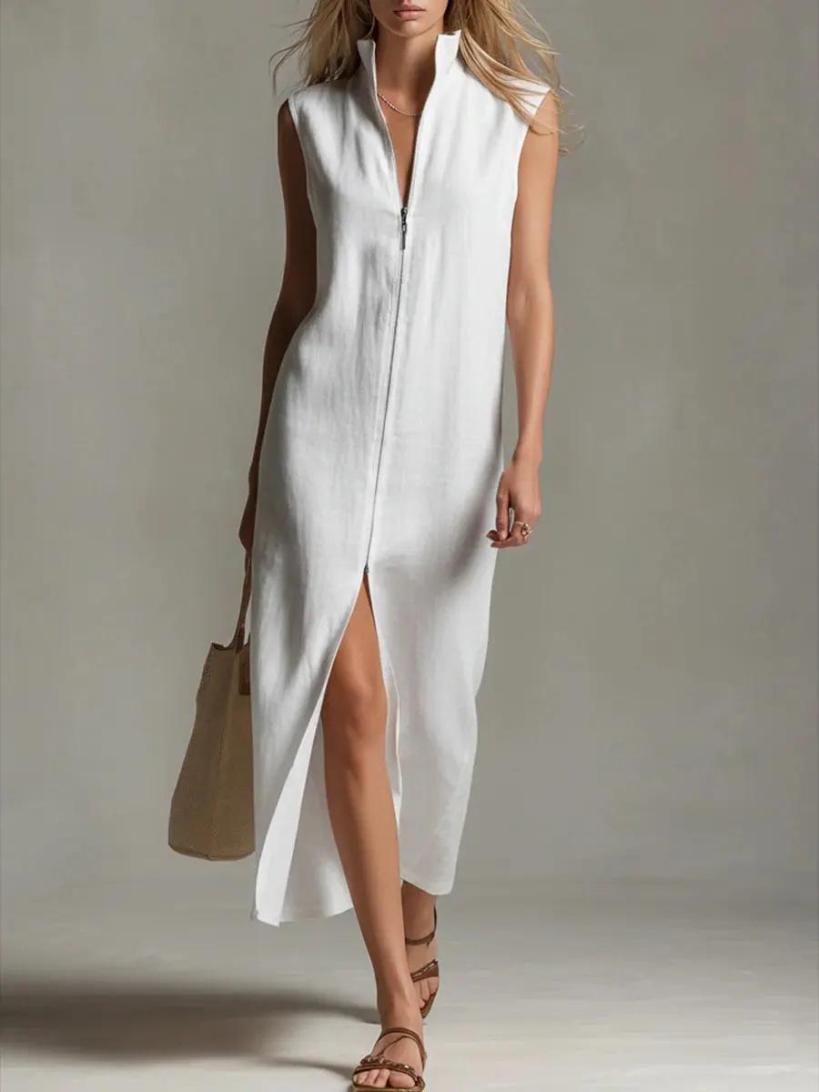 2026 Summer European & American Sleeveless Stand Collar Zipper Slit Casual Dress – Women s Fashion S белый