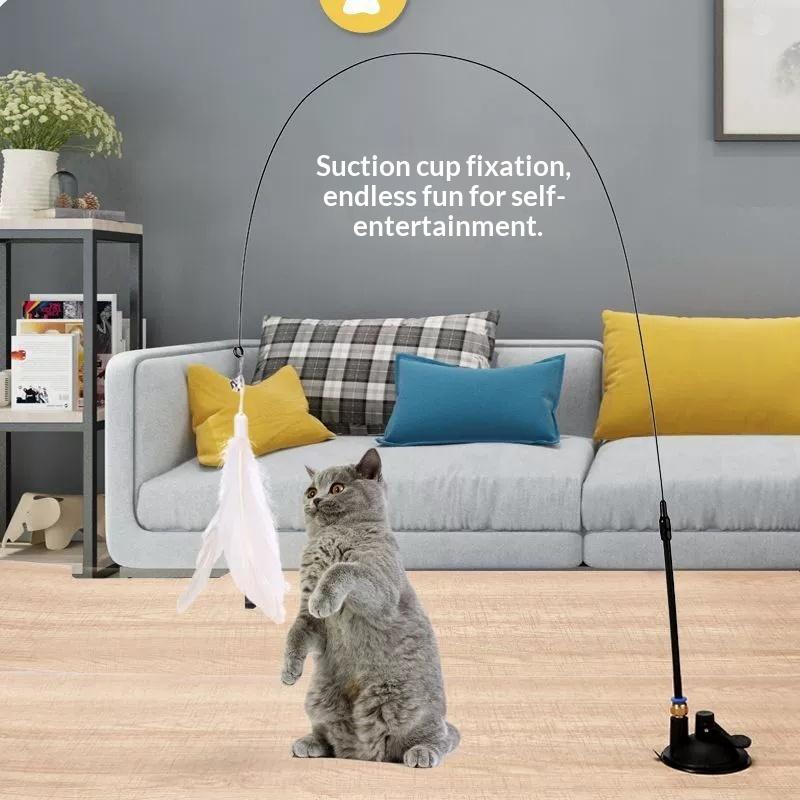 Interactive Cat Feather Wand Toy Suction Cup Hands-Free Cat Teaser Toy With Replaceable Feathers For Kitten Play