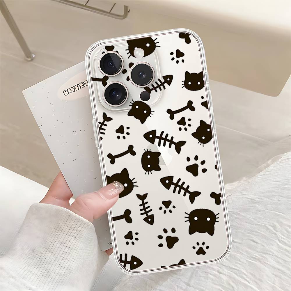 B-Black Cat Phone Case For Iphone17 16 15 11 13 14 Pro Max 7 8 Plus X Xr Xs Max Se2020 12mini Transparent Cov