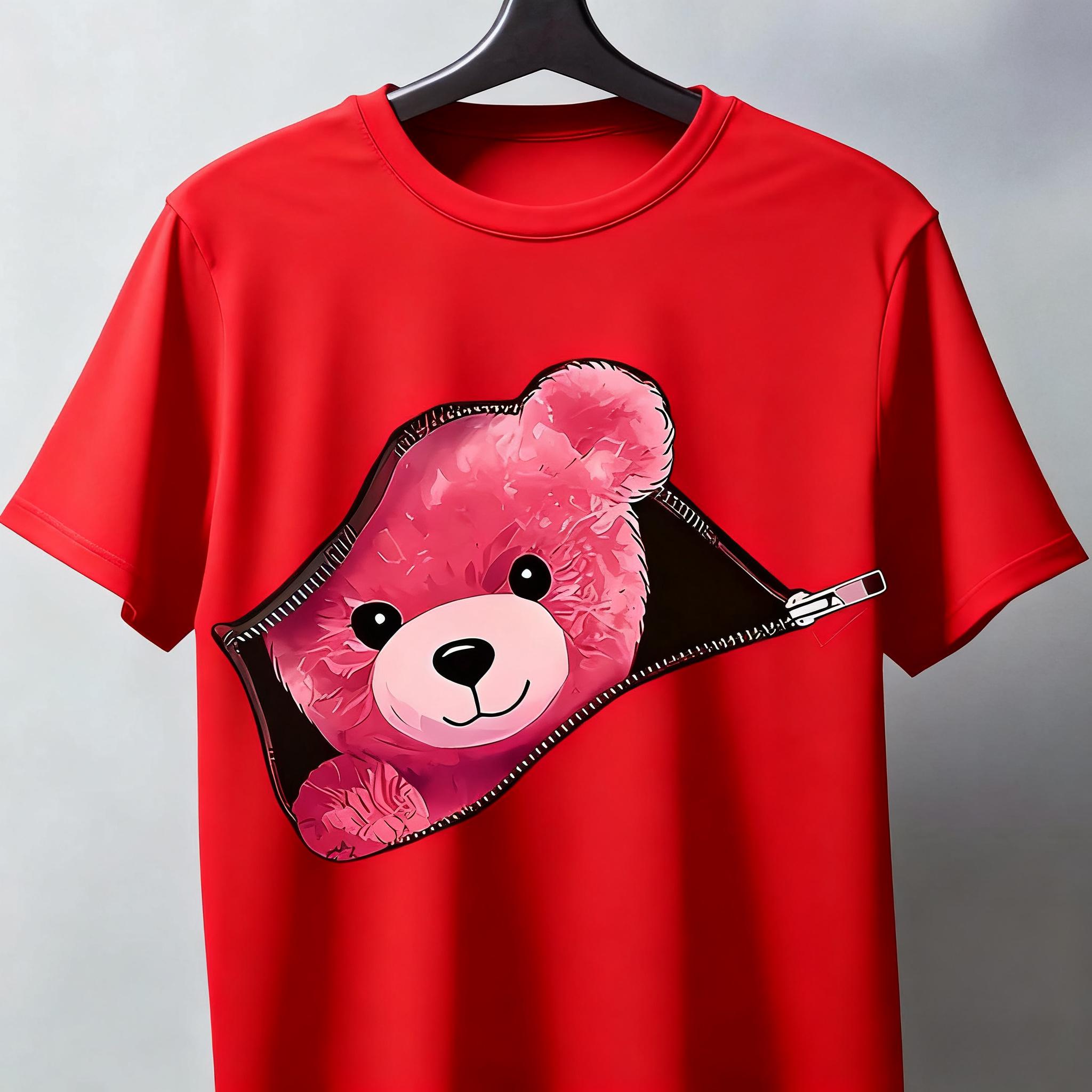 

Adorable Bear Zip Pattern Printed Short-sleeved Cotton T-shirt Summer Unisex Men s and Women s Casual Loose Fashion Clothing 4XL