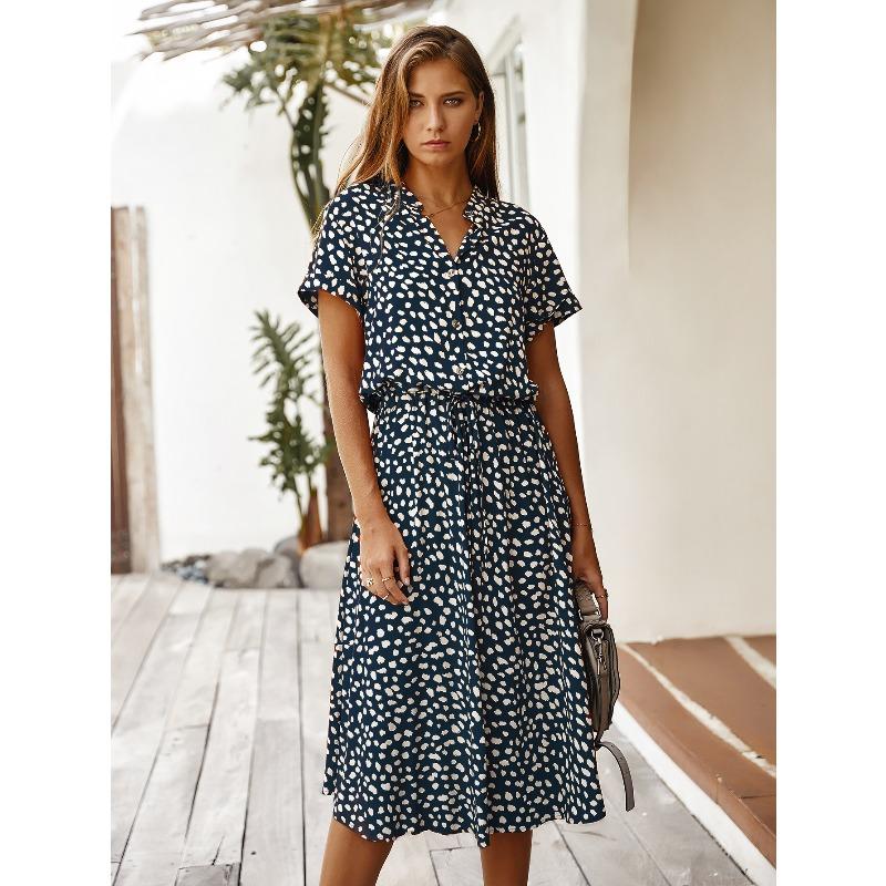 fashion women's clothing, Amazon's summer polka dot short-sleeved medium and long dress