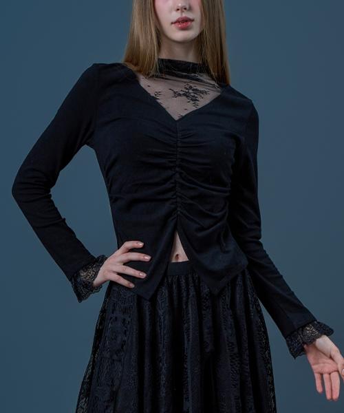 Sitipabjeu [Cp] Lace Layered V-Neck Shirred Long Sleeve T-Shirt [Black] Kcl.