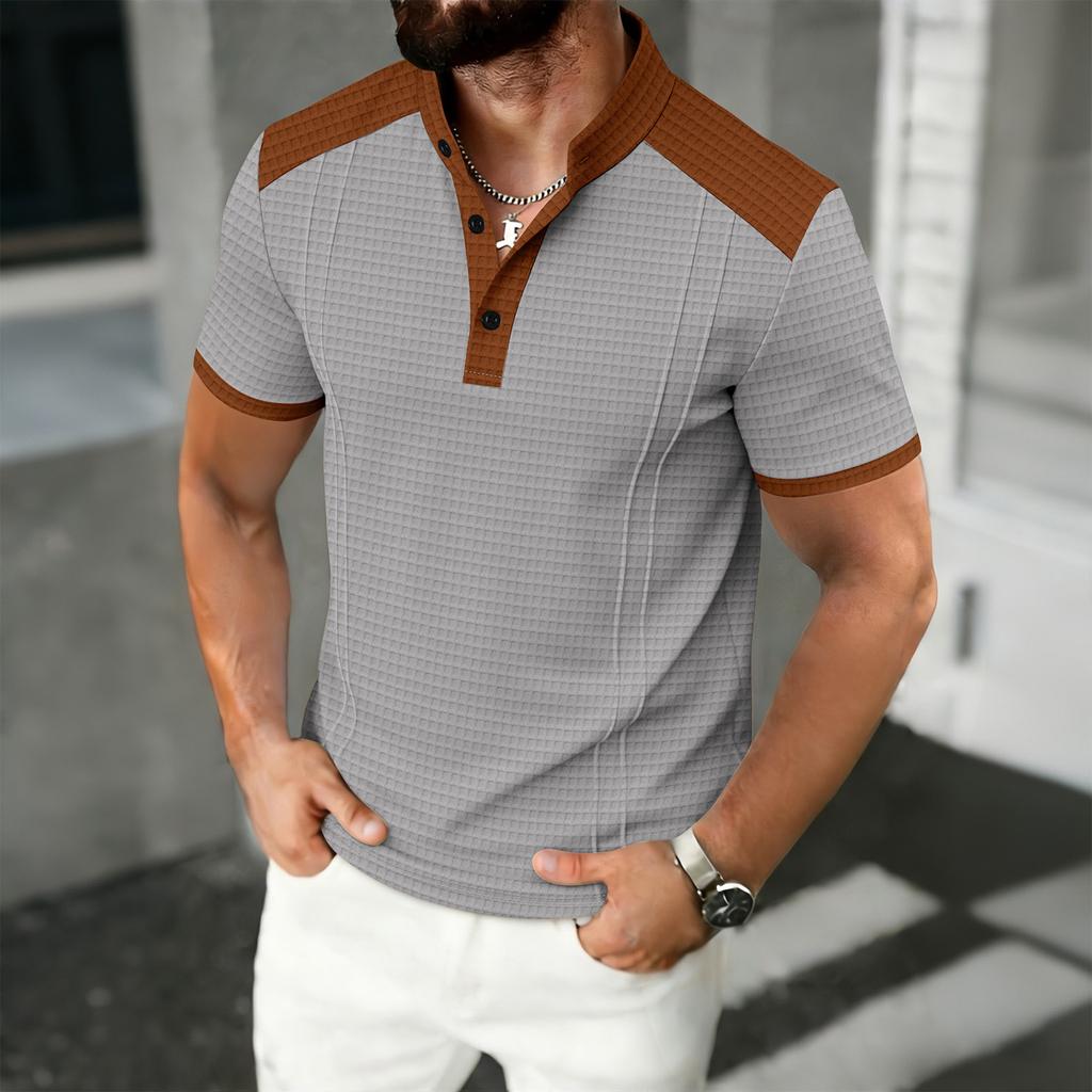 Men's Color Blocked Stand Up Collar Single Breasted Shirt Men's Casual And Comfortable Short Sleeved Shirt
