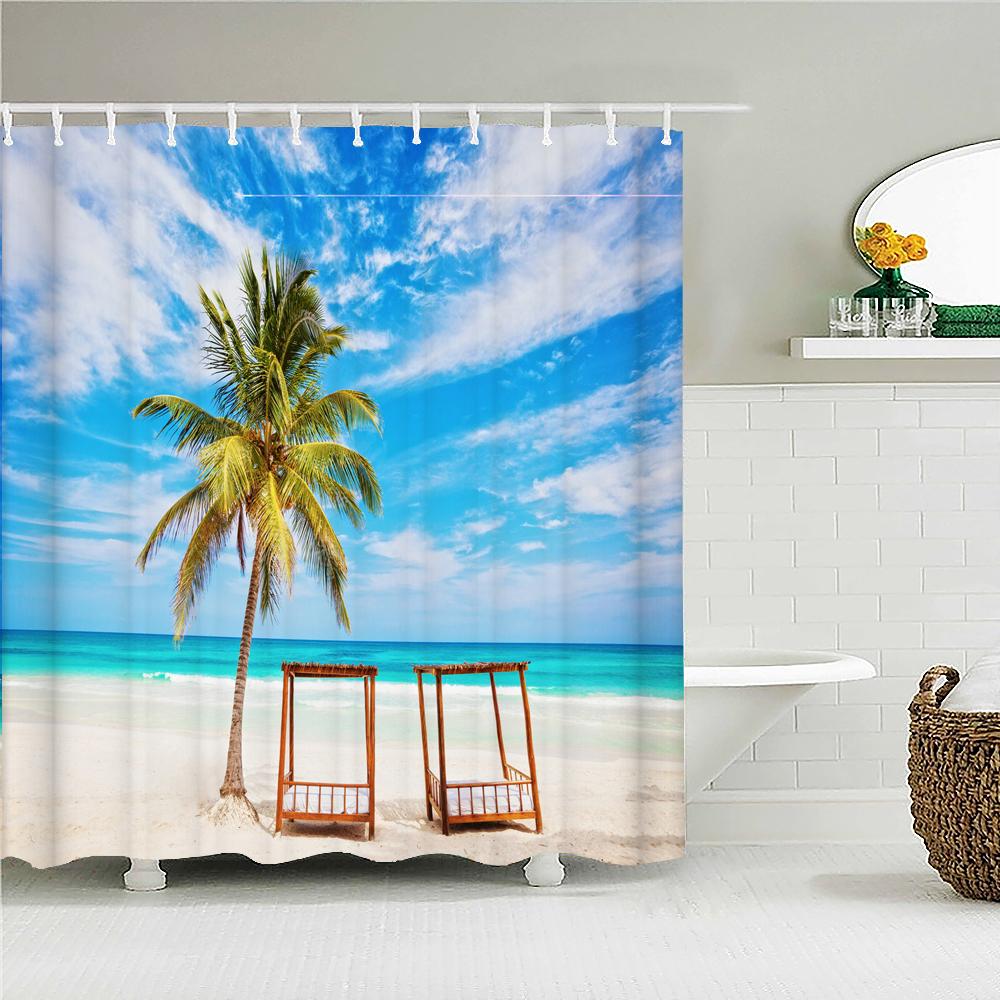 3D Seascape Beach Printed Fabric Shower Curtains Bathroom Curtain Bath Screen Waterproof Products Home Decor With Hooks