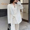 2 peças/conjunto feminino formal casaco calças conjunto mangas compridas botão alça fecho decote em v cardigan comprimento médio jaqueta reta cintura alta calças formais negócios
