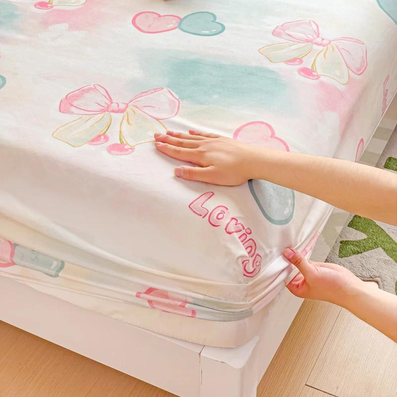 Queen Yatak Çarşaf Takımları Pembe Fiyonk Baskılı Fitted Yatak Çarşafı Kızlar için Tek Çarşaf King Boy Yatak Çarşafları Lastikli