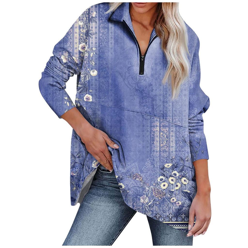 Damen Lässiges Übergroßes Sportshirt mit Halbreißverschluss Langärmlig Bedruckt mit Tasche Pullover-Top