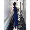 Improved cheongsam dress women's summer small temperament chic navy blue hip-wrapped long skirt