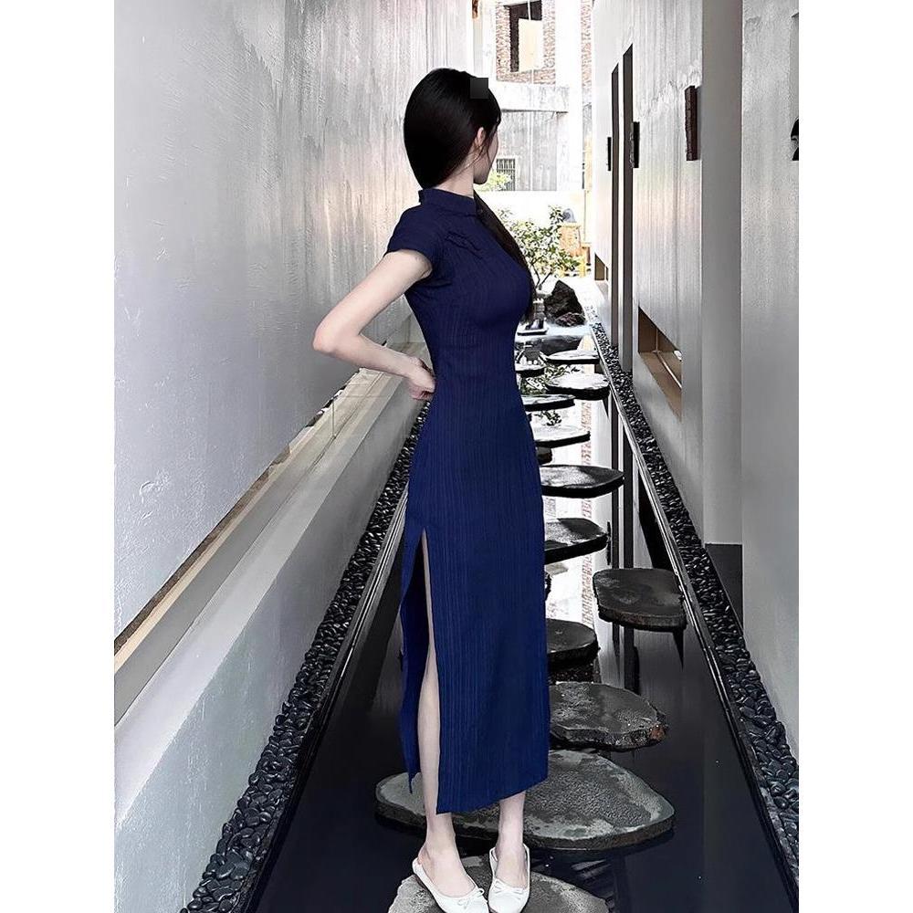 Improved cheongsam dress women's summer small temperament chic navy blue hip-wrapped long skirt