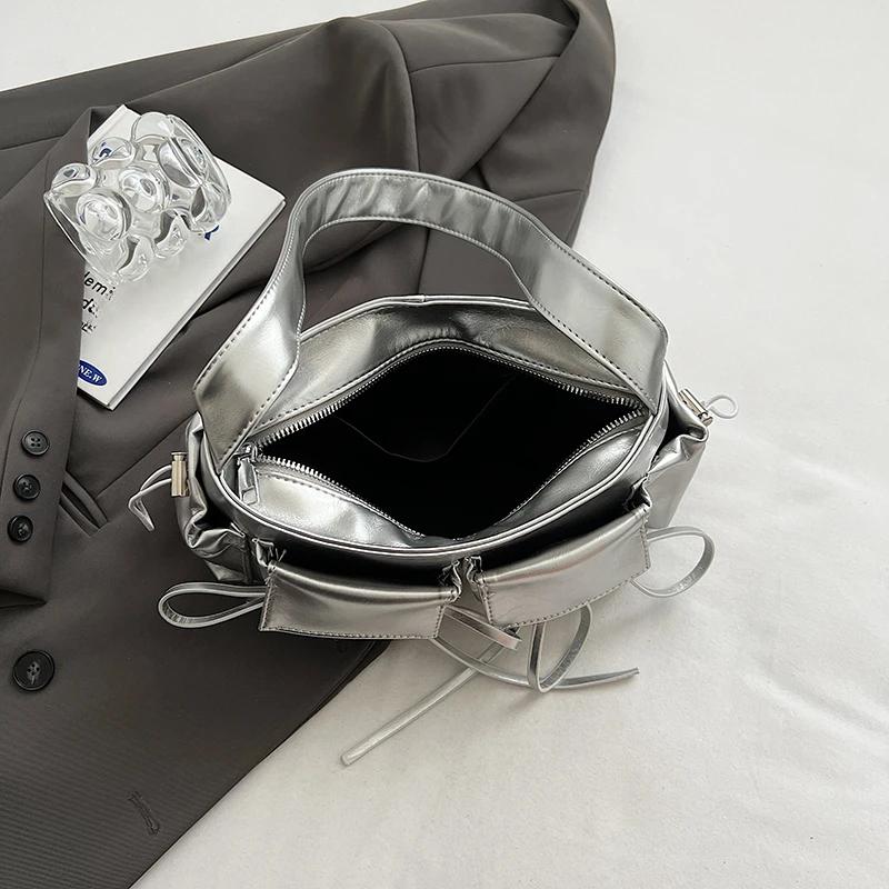 Double Pockets Design PU Leather Shoulder Bags for Women 2024 New Fashion Trend Crossbody Bag Female Silver Handbags