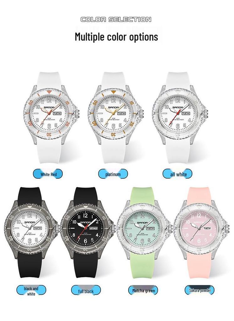 Sanda Student Sports Watch: Waterproof Quartz with Double Calendar, Transparent Case - Fashionable and Personalized for Kids.