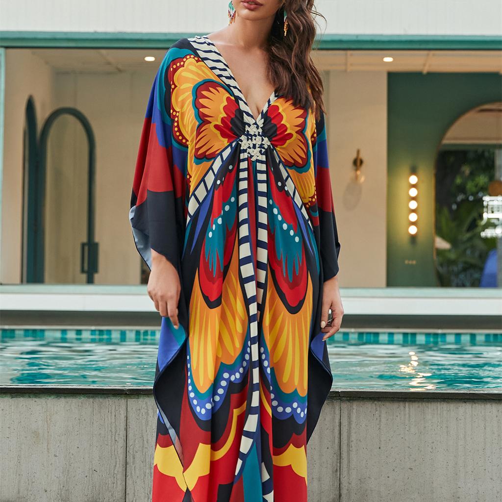 YYFS Damenmode Urlaub Sommer Frühling Mehrfarbig Schmetterlingsdruck Langarm V-Ausschnitt Freizeitkleider