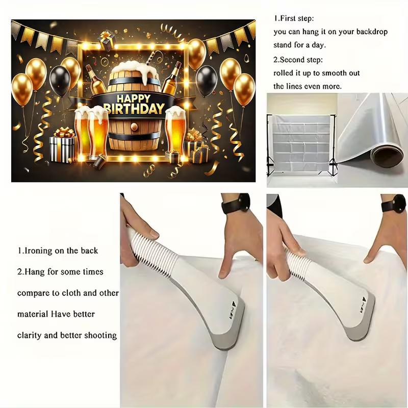 2D Flat Beer Barrel Birthday Banner Black & Gold Themed Backdrop for Men's Beer Celebration Party