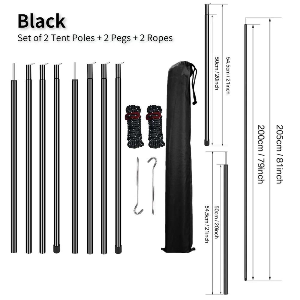 Set of 2 Tent Poles Adjustable Tarp Poles Steel Rods for Sun Shelter Tarp Canopy Camping Replacement With Pegs & Ropes