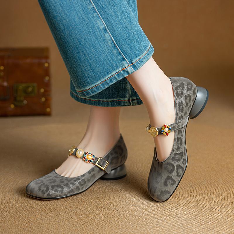Krazing Pot Stain Sheep Skin Summer Size 40 Mary Janes Low Heels Gray Color Leopard Prints Round Toe Elegant Shallow Pumps