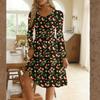 Women's Fashionable Retro Printed Color Blocked Waist Belt Casual Long Sleeved Dress