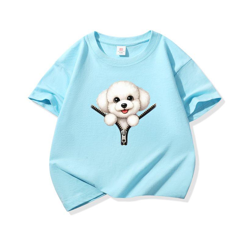 Kids Cotton T Shirt Cute Bichon Frise Puppy Dog Zipper Print Crew Neck Short Sleeve Tee Casual Boys Girls Summer Tops