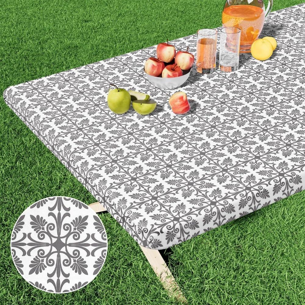 Waterproof Baroque Print Elastic Fitted Tablecloth Rectangular Outdoor Fold Table Cover  Picnic
