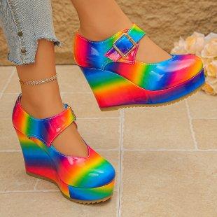 Large size wedge heel casual flats, hooked buckle, thick-soled round-toe flats, in-stock women's one-hook shallow flat-top flats