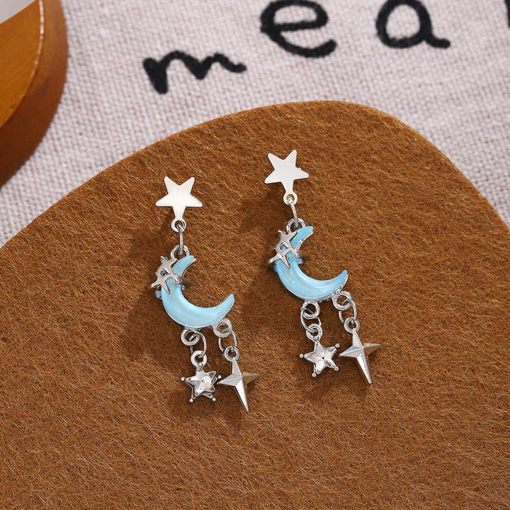 Silver Needle Asymmetrische Mond & Stern Diamant Quastenohrringe