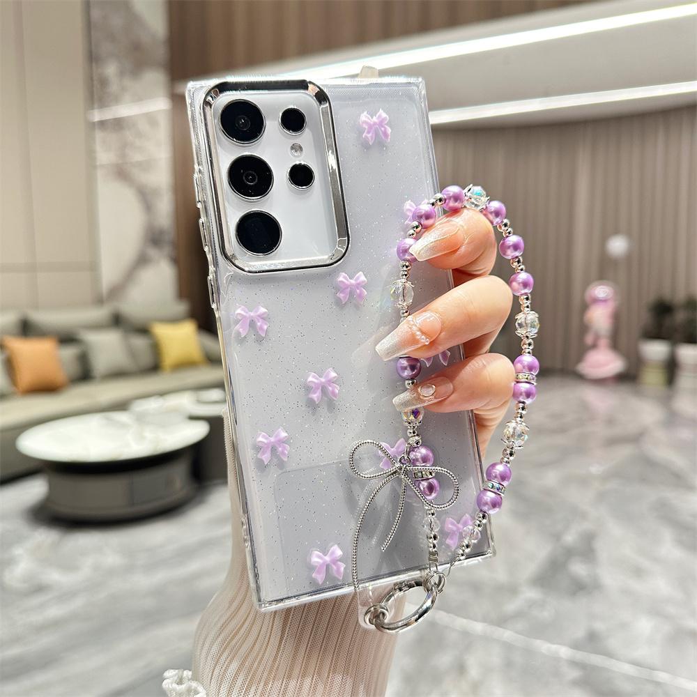 Cute Bowknot Bracelet Transparent Case for Samsung Galaxy S24 Ultra S23 Plus S22 FE A15 A16 A25 A35 A55 A13 Wrist Chain Cover