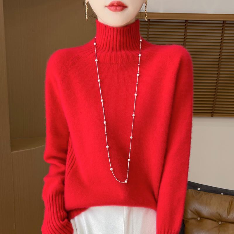 Women's High-Neck Thick Wool Pullover - 100% Pure Wool, Double-Ply for Autumn/Winter Layers