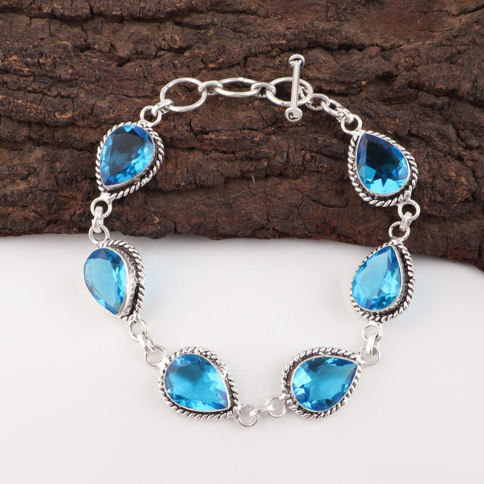 

Swiss Blue Topaz Gemstone 925 Sterling Silver Jewelry Handcrafted Bracelet 7-9 RB-18-2
