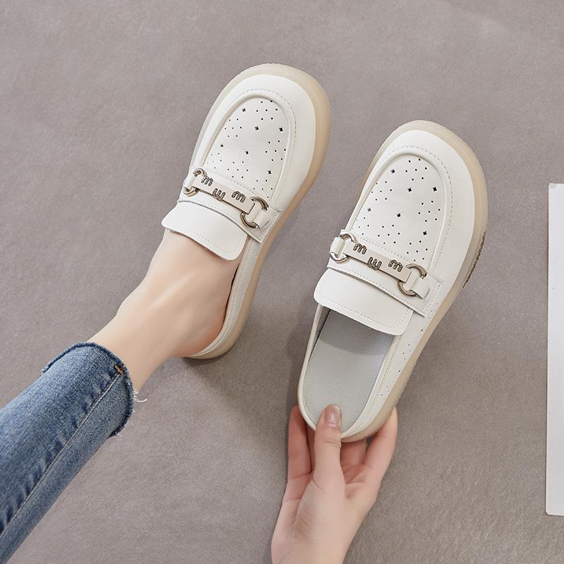 Baotou Slippers Women's 2025 Summer New Casual Versatile Cowhide Half-towed Soft Bottom Outer Wear Hollow Breathable Cool Slippers