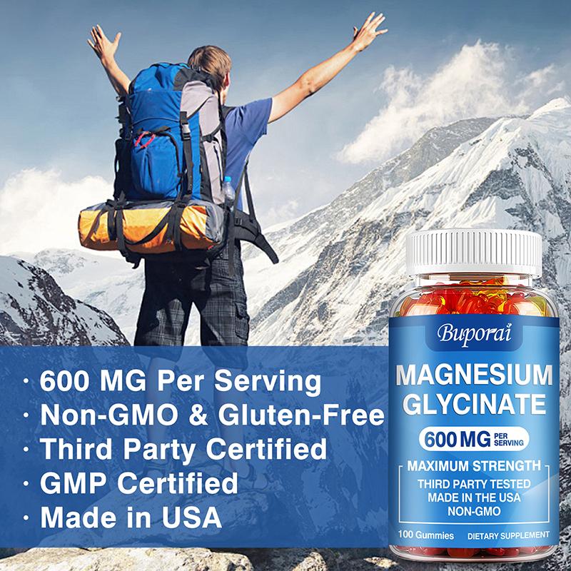 Buporai Magnesium Glycine Gummies, 600 Mg Per Serving, Support Muscle Relaxation, Vegan and Safe.