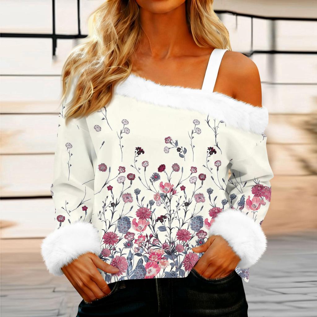 Women's Off-the-shoulder Plush Neck Printed Long-sleeved Pullover T-shirt Top