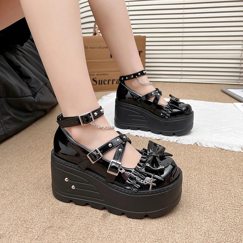 2025 Nové japonské vintage gotické lolita boty vysoké podpatky 9,5 cm sladké loli dívky kytarová dekorace pu studentské jediné boty