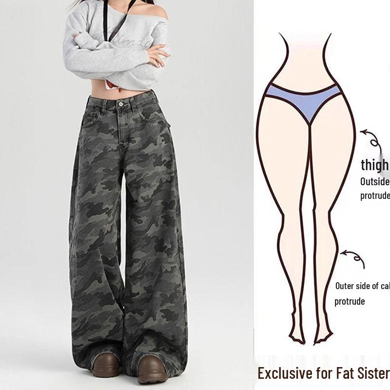 

Жіночі ретро джинси з камуфляжним принтом, з високою посадкою, широкі штанини - Стрункі, Прямі, Довжина до підлоги 2XL камуфляжний