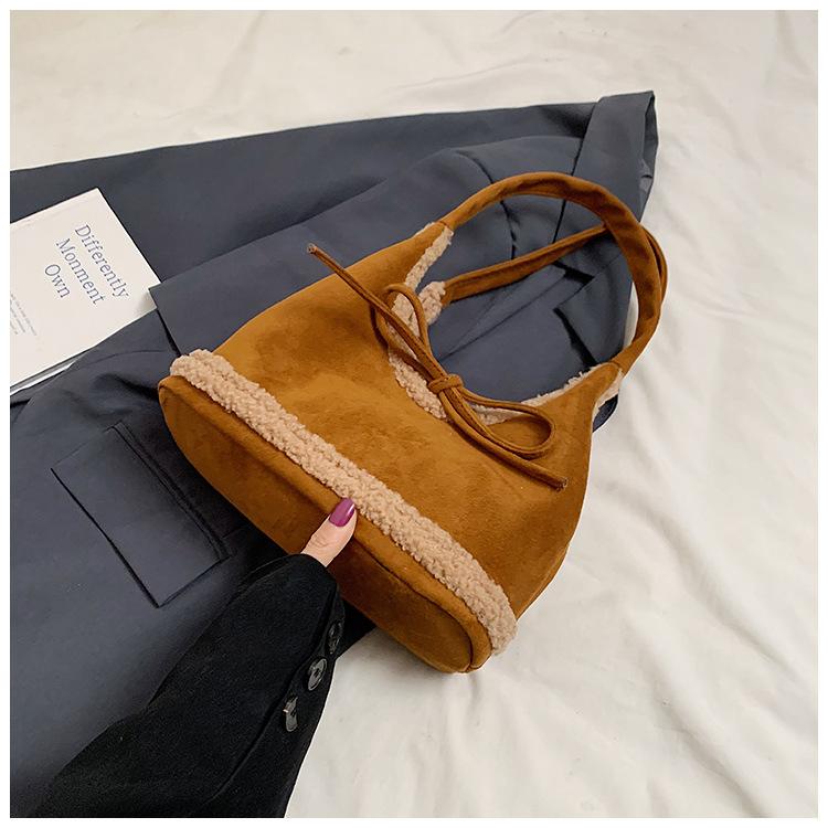 Niche lamb wool splicing tote bag women's 2025 new bow retro lazy large-capacity underarm shoulder bag