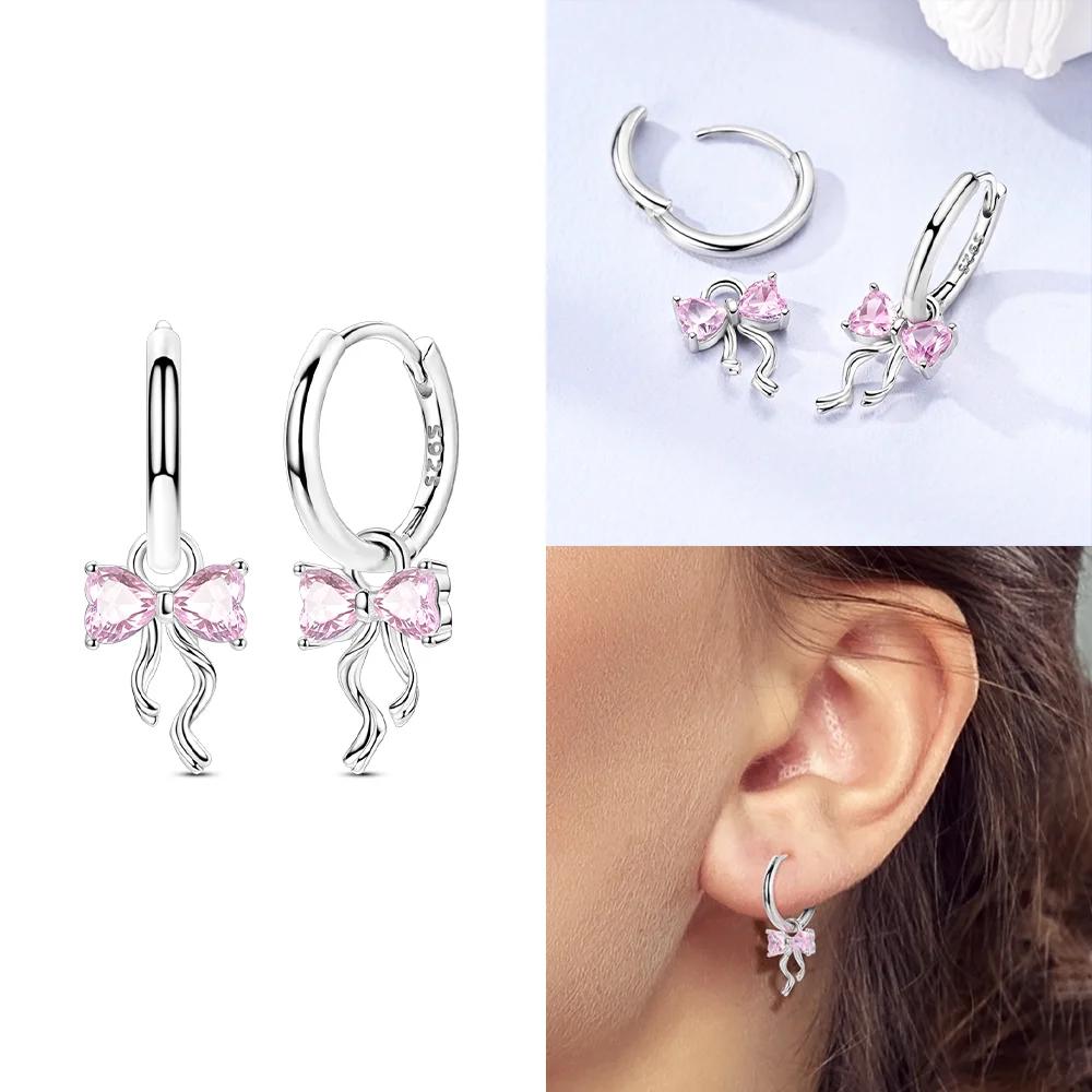 Charms 925 Silver Earrings Color Zircon Pink Bow Star Moon Shell Earrings Four-leaf Clover Woman's Accessory Jewelry