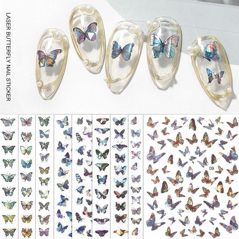 Laser Colorful Butterfly Autumn 3D Nail Art Stickers Adhesive Sliders Nail Transfer Decals Foils Decorations Nail Decals Design