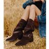 Cowhide version White Deer leather thick heel medium boots retro belt buckle pointed western cowboy boots knight boots