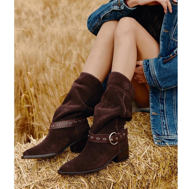 Cowhide version White Deer leather thick heel medium boots retro belt buckle pointed western cowboy boots knight boots