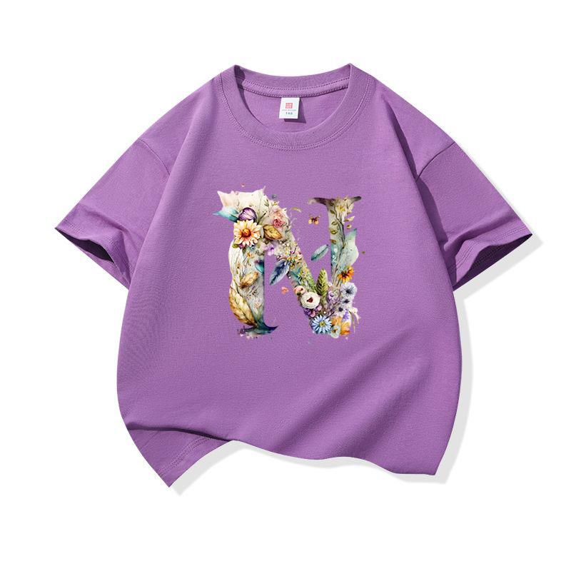 Kids Cotton T Shirt Floral Letter N Print Crew Neck Short Sleeve Tee Casual Boys Girls Summer Tops